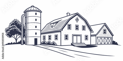 A picturesque farmhouse with a silo and barn in a rural setting Vector