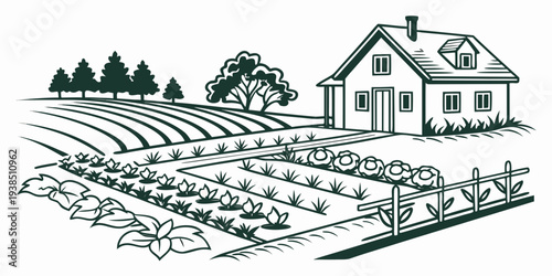 A serene landscape featuring a farmhouse and a vast field under a clear sky. Vector