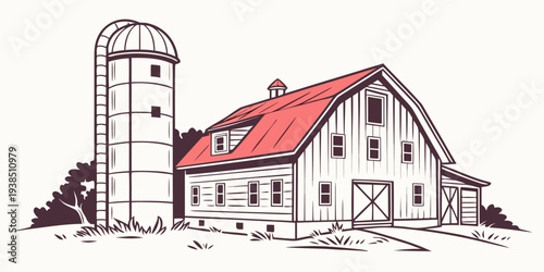 A charming farmhouse with a red roof and a large silo in the background. Vector