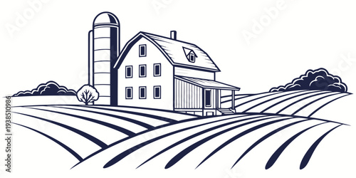 A picturesque farmhouse nestled in a verdant landscape with rolling hills and a clear sky. Vector