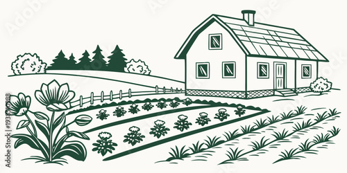 A serene countryside scene with a farmhouse and rolling hills under a clear blue sky Vector