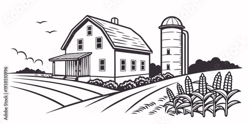 A charming countryside scene with a house, windmill, and people enjoying a picnic. Vector