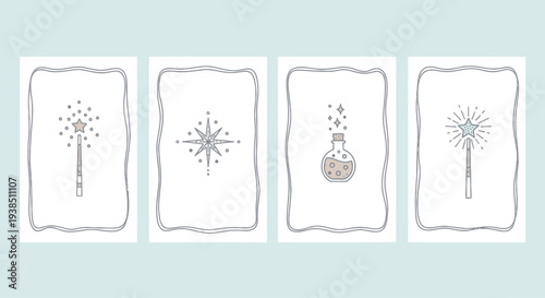 Whimsical Magic Icons: Wand, Potion, Starburst - Hand Drawn Style