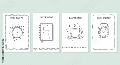 Daily Routine Icons: Alarm Clock, Notebook, Coffee Cup, Planner - Vector Illustration