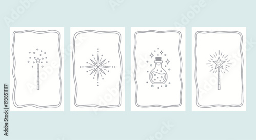 Magical symbols: wand, star, potion bottle, and starburst within decorative frames