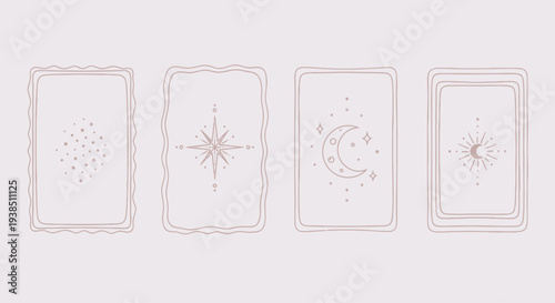 Esoteric symbols on tarot card backs: moon, stars, compass, sun
