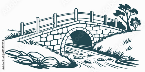 A serene bridge over calm waters with surrounding trees and mountains in the background Vector