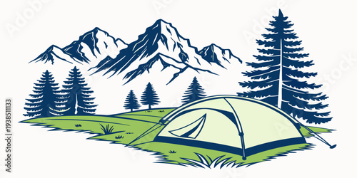 A serene landscape featuring majestic mountains and lush pine trees Vector