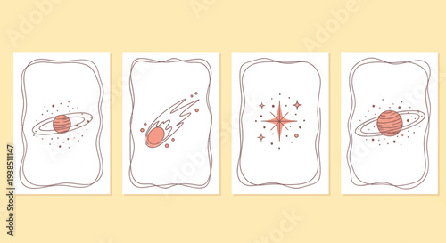 Cosmic illustrations: planets, comet, and star on white cards, pastel colors, yellow background