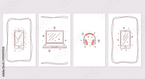Digital Devices and Gadgets Icon Set: Smartphone, Laptop, Headphones, Minimalist Line Art