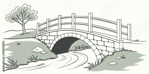 A serene bridge over a tranquil stream in a lush green forest setting. Vector