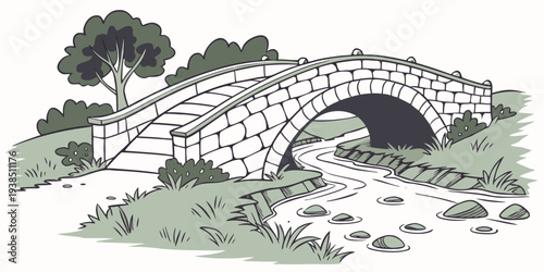 A picturesque view of a stone bridge spanning a serene river in a lush, green landscape. Vector