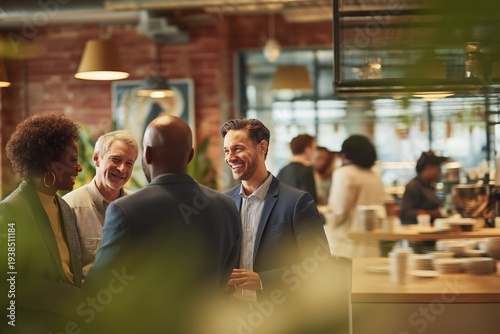 Four diverse professionals engage in friendly conversation in a stylish, modern office lounge with warm lighting and a busy background.