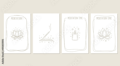 Meditation cards with lotus, incense, and candle drawings