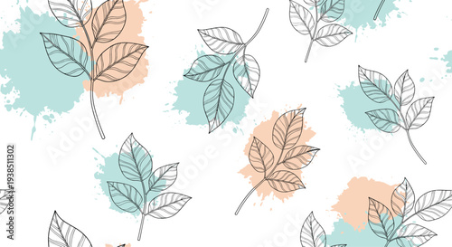 Artistic seamless pattern of hand drawn leaf branches overlaying soft mint and coral paint splashes on a white background.