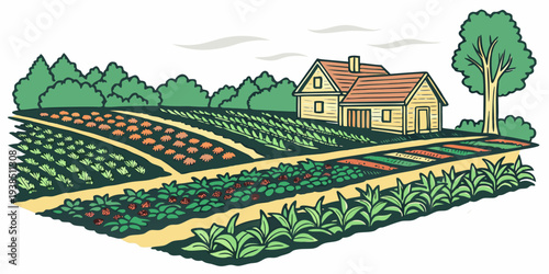 A picturesque countryside scene with a farmhouse and lush green fields. Vector