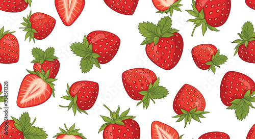 Vibrant seamless pattern of ripe red strawberries whole and halved with green leaves scattered on a clean white background.