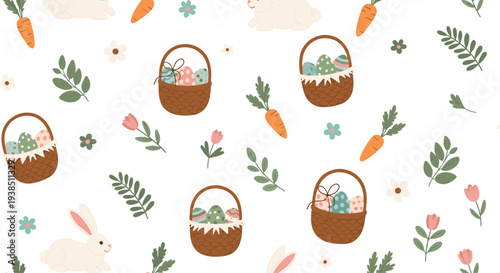 Delightful seamless easter pattern featuring cute white bunnies woven baskets filled with colorful eggs carrots and spring flowers.