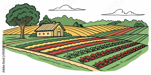 A picturesque landscape of a farm with green fields and a clear blue sky. Vector