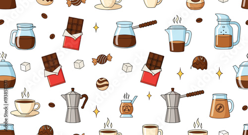 Fun seamless pattern of coffee related items including cups moka pots cezve chocolate bars coffee beans and sugar cubes.