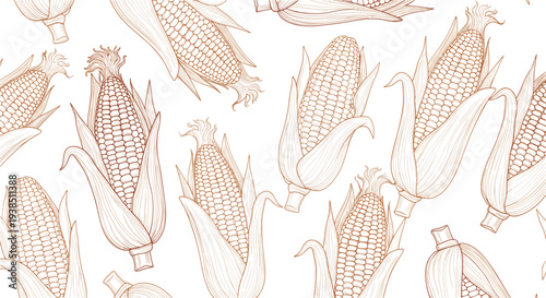 Classic seamless pattern of whole corn on the cob with husks depicted in a detailed sepia engraving or woodcut style.