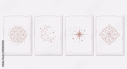 Boho Celestial Zodiac Signs, Moon, and Star Icons on Textured Paper Background