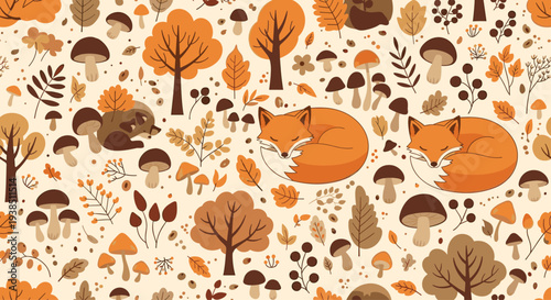 Cozy seamless autumn pattern featuring sleeping foxes among a variety of mushrooms colorful leaves and forest trees.