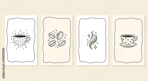 Hand-Drawn Coffee Icons: Cup, Beans, Aroma, and Saucer on Cream Background