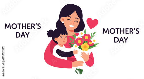 Mother day greeting card with happy mom hugging daughter holding flower bouquet