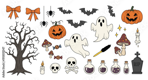 Fun Halloween doodle collection featuring spooky ghosts, carved pumpkins, bats, spiders, potions, and a gnarled dead tree for holiday designs.
