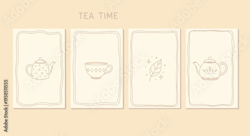 Hand-drawn Tea Time Cards: Teapot, Cup, Leaf Illustration