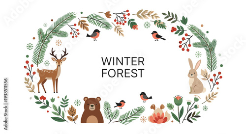 Whimsical winter forest frame illustration with a brown bear, deer, rabbit, birds, and various evergreen branches and berries for Christmas.