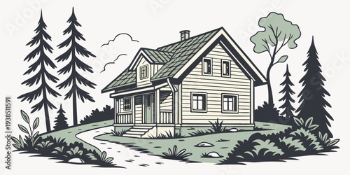 A serene countryside house surrounded by lush green trees and rolling hills Vector