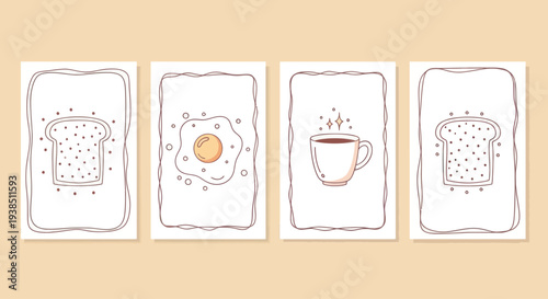 Cute Breakfast Illustrations: Toast, Fried Egg, Coffee Cup Set