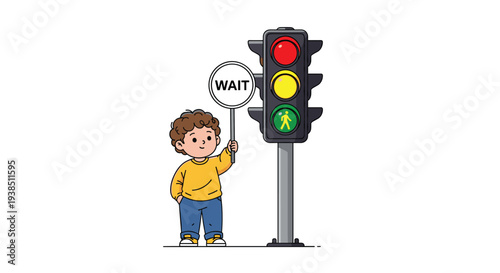 Cartoon illustration of a young boy standing next to a traffic light and holding a wait sign to teach road safety and traffic rules for kids.