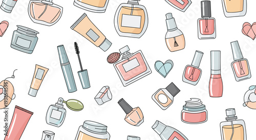 Feminine beauty and cosmetics pattern featuring hand drawn perfume bottles, nail polish jars, creams, and makeup brushes in soft pastel colors.