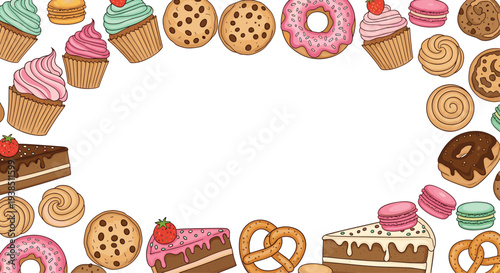 Delicious border frame made of various sweet treats including cupcakes, donuts, cookies, cakes, and pretzels for a bakery theme design.