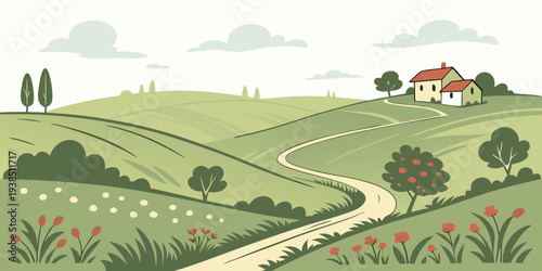 A picturesque countryside landscape with a winding road and a quaint house. Vector