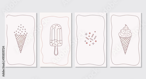 Hand-drawn ice cream cones and popsicles on cards, summer dessert collection