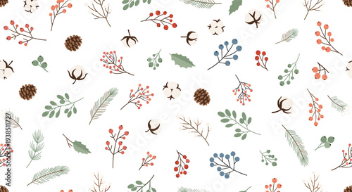 Delicate winter botanical pattern featuring pinecones, evergreen branches, cotton flowers, and various colorful berries on white.