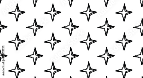 Simple minimalist pattern of black hand drawn four pointed stars arranged in a regular grid on a clean white background.