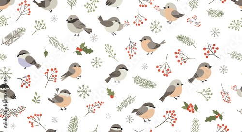 Whimsical winter pattern featuring cute little birds perched among pine branches, holly leaves, berries, and snowflakes.