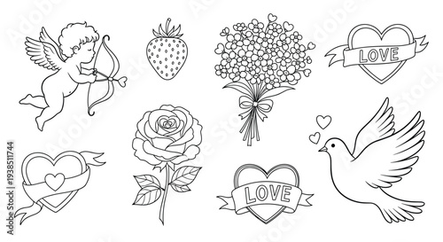 Romantic Valentines Day doodle set featuring cupid with a bow, a dove, a rose, a strawberry, and hearts with love banners.