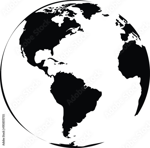 Black and white globe of the americas centered on north america