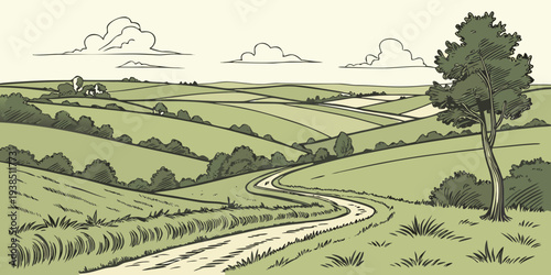 A serene landscape of a rural countryside with a winding dirt road and distant mountains Vector