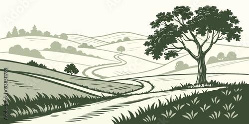 A serene countryside landscape with a winding road and a solitary tree. Vector