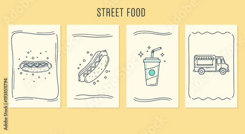 Street Food Icons: Hot Dog, Drink, Food Truck, Minimalist Design