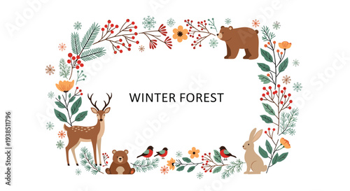 Charming winter forest frame illustration with a bear, deer, rabbit, and birds among evergreen branches and berries.