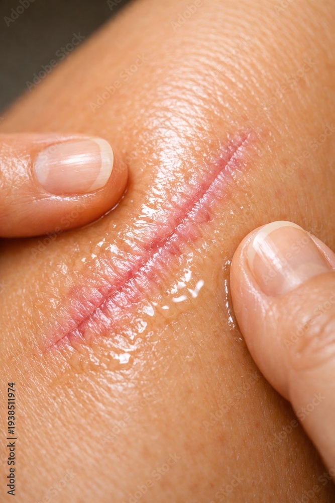 Fototapeta premium Close up view of a healing surgical scar on human skin with ointment. Fingers examining the wound recovery process. Useful for medical education, healthcare articles, or skincare products.