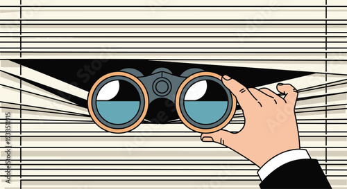 Secret observer looking through window blinds with binoculars while holding the slats open to peek outside the room.